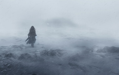 Woman outside in snowfall, traveler in an ice blizzard.