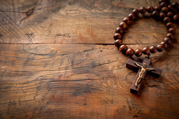 Rosary Beads and Crucifix on Rustic Wood