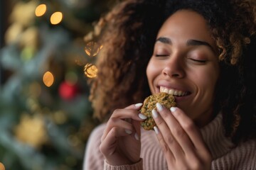 Naklejka premium Closeup CBD cookie with cannabis chips, a woman with afro hair taking a bite and enjoying the taste, her eyes closed in delight as the background fades into soft focus