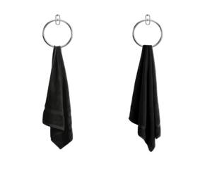 Hanged Black towel in a round chrome towel holder. Isolated transparent PNG. Collection of fluffy soft cotton towels hanged on a towel ring. Hand towel. Bath towel. Hand Towel.