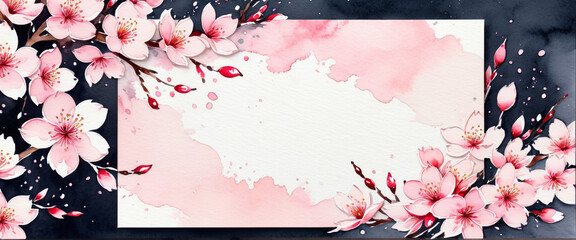 An invitation design decorated with cherry blossom branches in full bloom. Illustration in watercolor style.
