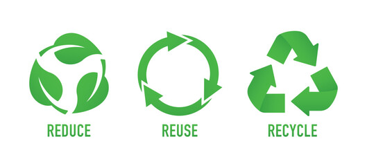 Reduce, reuse, recycle sign. Zero waste. Concept ecology, sustainability, conscious consumerism, renew. Ecology vector web banner. Vector illustration - obrazy, fototapety, plakaty