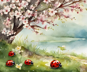 Four ladybugs and a cherry blossom tree in full bloom. Beautiful spring landscape illustration. Abstract watercolor painting.