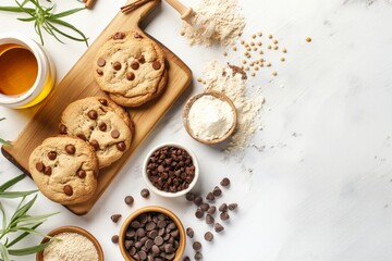 CBD cookie and ingredients, organic flour, premium CBD oils and chocolate chips laid out on a wooden cutting board against a light color background, flat lay, copy space