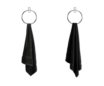 Hanged Black towel in a round chrome towel holder. Isolated transparent PNG. Collection of fluffy soft cotton towels hanged on a towel ring. Hand towel. Bath towel. Hand Towel.