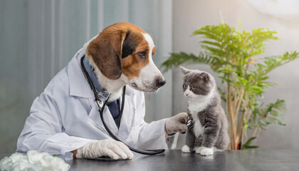 子猫を診察する犬のドクター