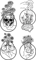 tattoo art human organs flat flower set sketch black and white