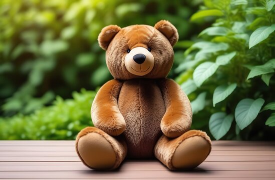 big teddy brown bear toy sitting Wooden terrace surrounded by greenery