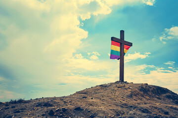 Rainbow Flag and Cross Against Sky