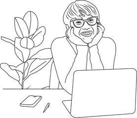 continuous single line drawing of woman with laptop computer, line art vector illustration