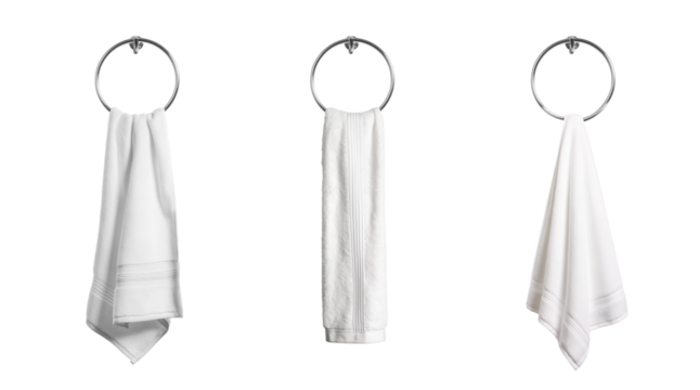 Hanged White towel in a round chrome towel holder. Isolated transparent PNG. Collection of fluffy soft cotton towels hanged on a towel ring. Hand towel. Bath towel. Hand Towel.