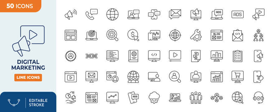 Digital Markrting icons set. Outline Icon Collection. Editable stroke. Vector illustration