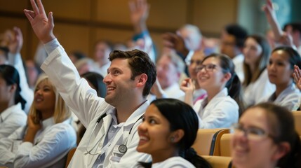 an audience of culturally diverse dentists in a lecture hall with one white dentist raising his hand