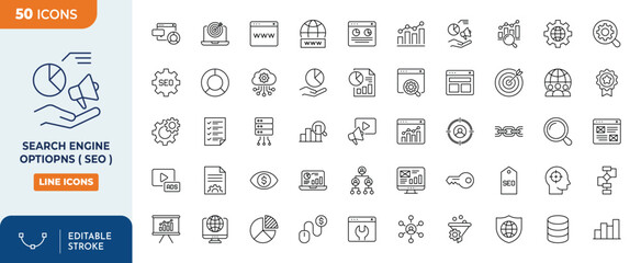 Search engine options Line editable icons set. SEO icon pack - obrazy, fototapety, plakaty