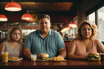 fat family eating in a burger bar - obrazy, fototapety, plakaty