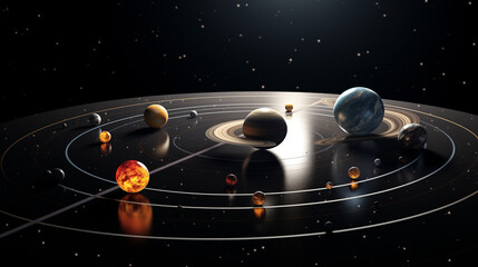 planets rotating in their orbits 3d model, space science background astronomy wallpaper, stars in space