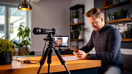 Man sitting in front of camera taking picture of man on cell phone.