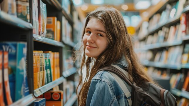 photo of 19 year old irish college student with long hair shopping in college bookstore on college campus,