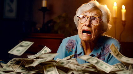 Older woman with glasses is surprised by pile of money in front of her. - obrazy, fototapety, plakaty