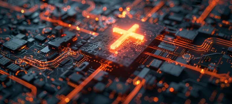 Glowing  red Jesus cross symbol on microchip board. Generative AI technology.	
