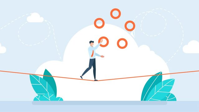 Businessman juggling with rings on rope. Juggler businessman manager showing skill and ease of control in management multitasking. Wealth management. Business risk concept. 2d flat animation. Cartoon