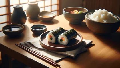 Fotobehang maki sushi on wooden table © fairyfingers