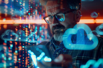 A focused executive analyzing real time data from cloud servers on his mobile device surrounded by holographic charts and cybernetic networks showcasing the integration of mobile technology and