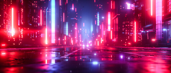 Fototapeta premium Abstract futuristic technology concept with neon lights and geometric shapes, visualizing digital innovation in a dark urban setting