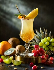 gelber Cocktail mit vielen Früchten ist schön angerichtet - schwarzer Hintergrund, Mango,...