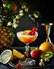 gelber Cocktail mit vielen Früchten ist schön angerichtet - schwarzer Hintergrund, Mango,...