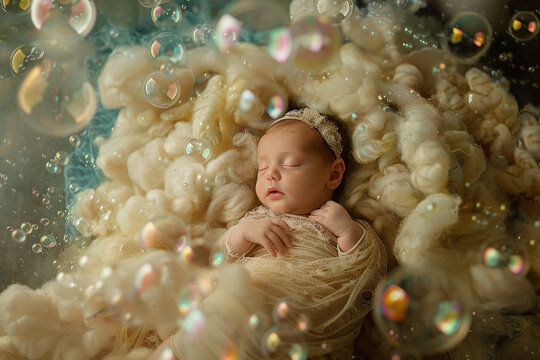 A whimsical scene of a newborn cradled in a cloud of bubbles the setting imbued with a magical quality capturing the purity and wonder of early life