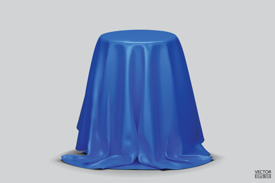 Podium covered with a piece of Blue silk isolated on background. Realistic box covered with Blue cloth. Podium for product, cosmetic presentation. Creative mock up. 3d vector illustration.