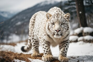 Fototapeta premium white leopard in the snow