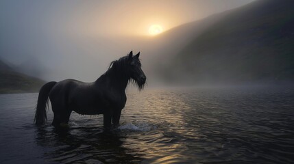 A rugged highland scene at dawn, with a kelpie emerging from a misty loch, its mane dripping with water that sparkles in the early light. 8k - obrazy, fototapety, plakaty
