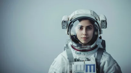Photo sur Plexiglas Nasa woman astronaut looking to camera. isolate on white
