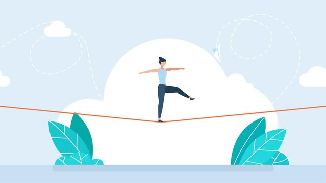 Business risk and professional strategy concept. Woman walking on balancing slackline rope. Conquering adversity problems solution. Businesswoman walking on a rope. 2d flat animation. Bright cartoon