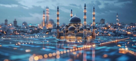 Mosque building with glowing light. Generative AI technology.	
