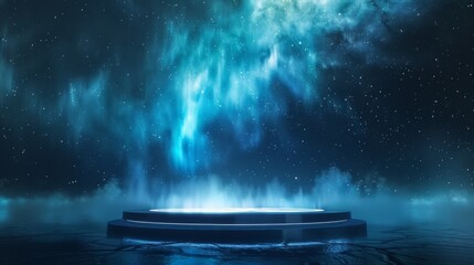 A mesmerizing starry night sky projected above a circular platform in a dark, reflective room, creating a cosmic atmosphere.