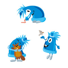 Cute plug figure plays with an earthworm, with a bird and cuddles with his teddy bear
