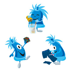 Cartoon illustrations of a plug acting with different things