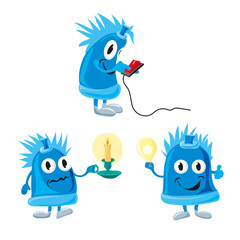 Funny flat plug figure acts with a switch, a candle and a light bulb