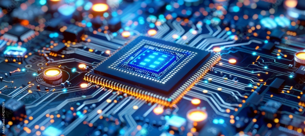 Poster Glowing computer microchip processor hardware. Generative AI technology.	

