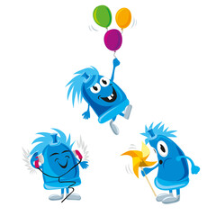 Funny plug character illustration with balloons, headphones and a pinwheel
