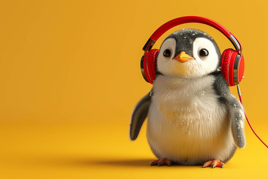 cute penguin cartoon image Showing emotion while listening to music while wearing red headphones. The yellow background looks easy on the eyes.