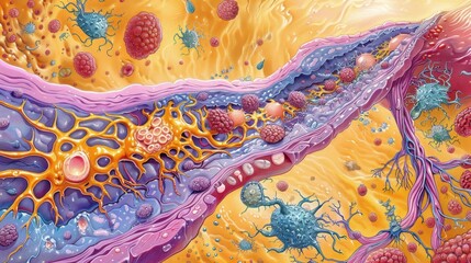 Artwork of a cross-section of cellular activity, showcasing a dynamic interplay of cells and structures in vibrant colors.