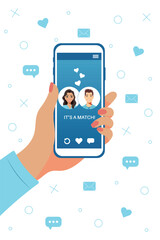 Dating service app concept on phone screen. Woman hand holding smartphone. Two young people liked each other. Their interest coincided. Virtual relationship, acquaintance in social network.