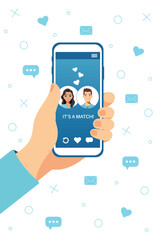 Dating service app concept on phone screen. Man hand holding smartphone. Two young people liked each other. Their interest coincided. Virtual relationship, acquaintance in social network. 