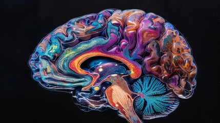 A vibrant, artistic representation of human brain anatomy with a focus on the complexity of neurological structures.