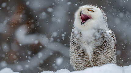 nowy Owl-Yawning Smiling in Snow, generative ai - obrazy, fototapety, plakaty