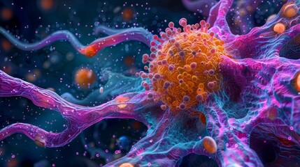 Vivid digital illustration of a virus particle interacting with human cells, symbolizing infection and immune response.